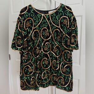 Vintage Papell Boutique Evening Black Green and Gold Sequin Silk Blouse Size 2X